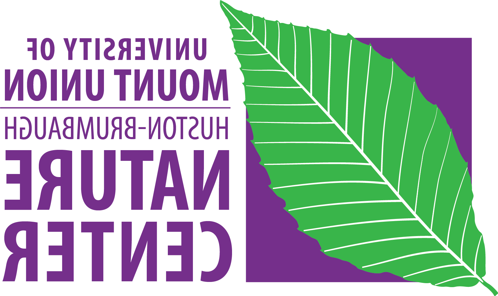 The University of Mount Union Huston-Brumbaugh Nature Center logo. It features a green leaf on a purple background with the center's name in purple text.